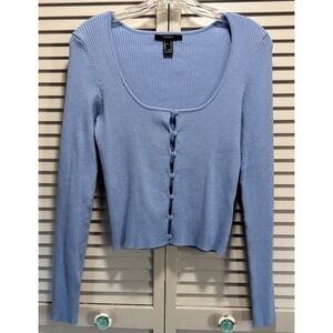 Forever 21 Blue Crop Sweater Scoop Neck Button Up Long Sleeve Size M Open Ribbed